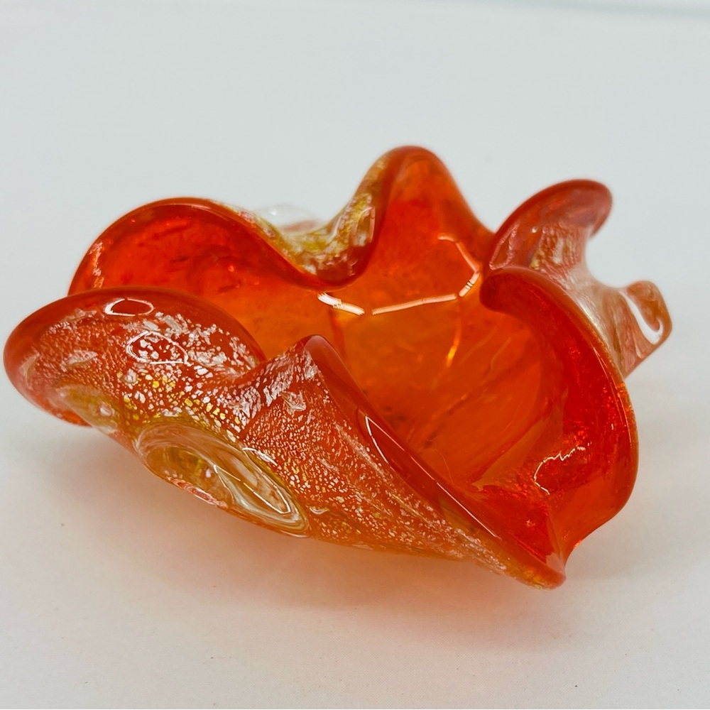 Vintage Murano Glass Trinket Ashtray Ruffled Bowl Amberina Gold Aventurine MCM